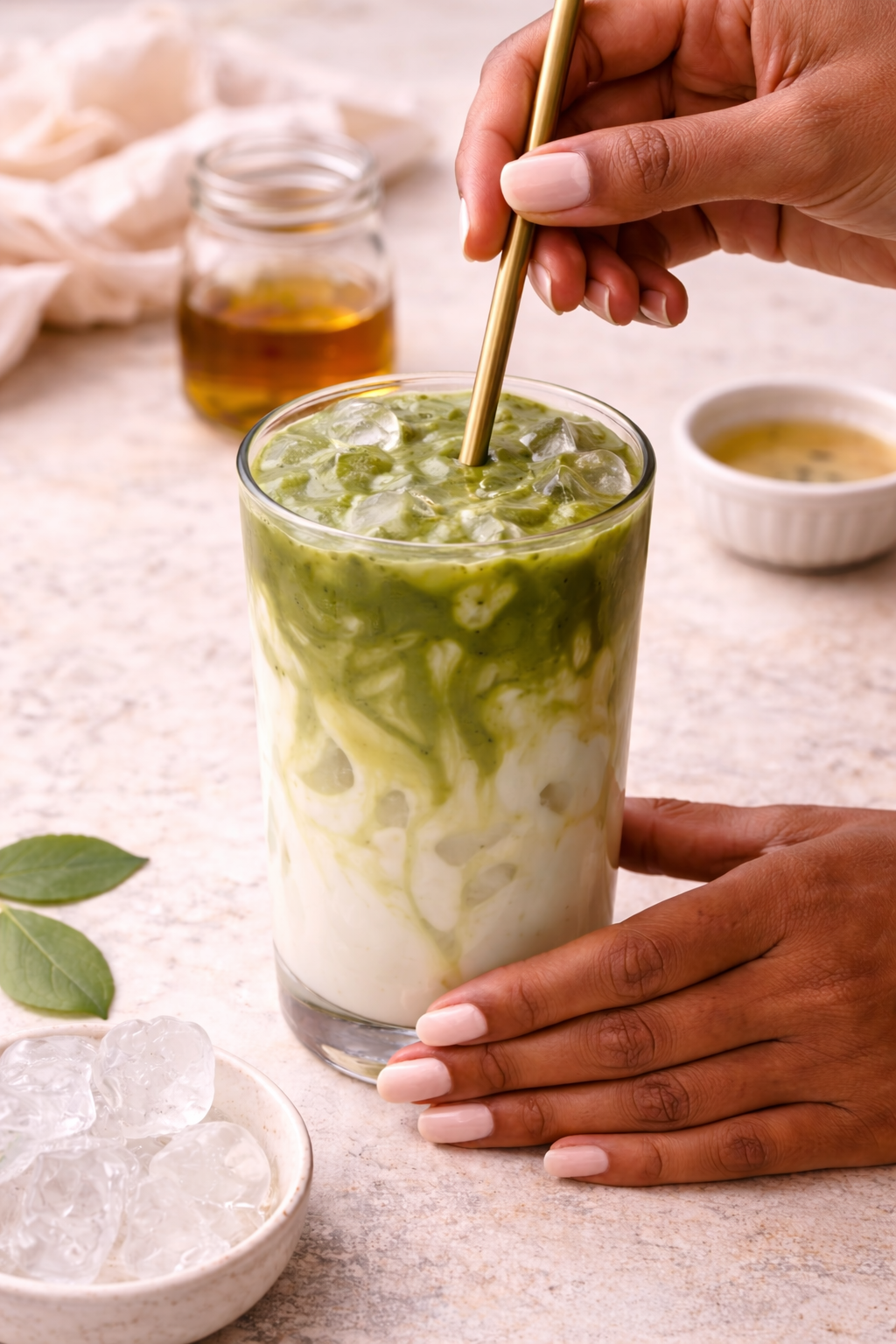 Stirring iced vanilla matcha latte until blended